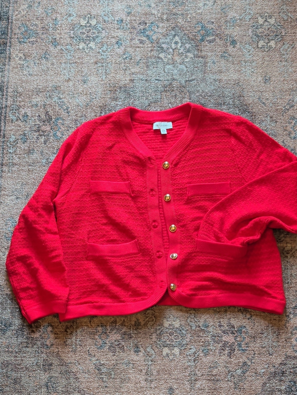 Red Button-Front Women's Knit Cardigan with Gold Buttons